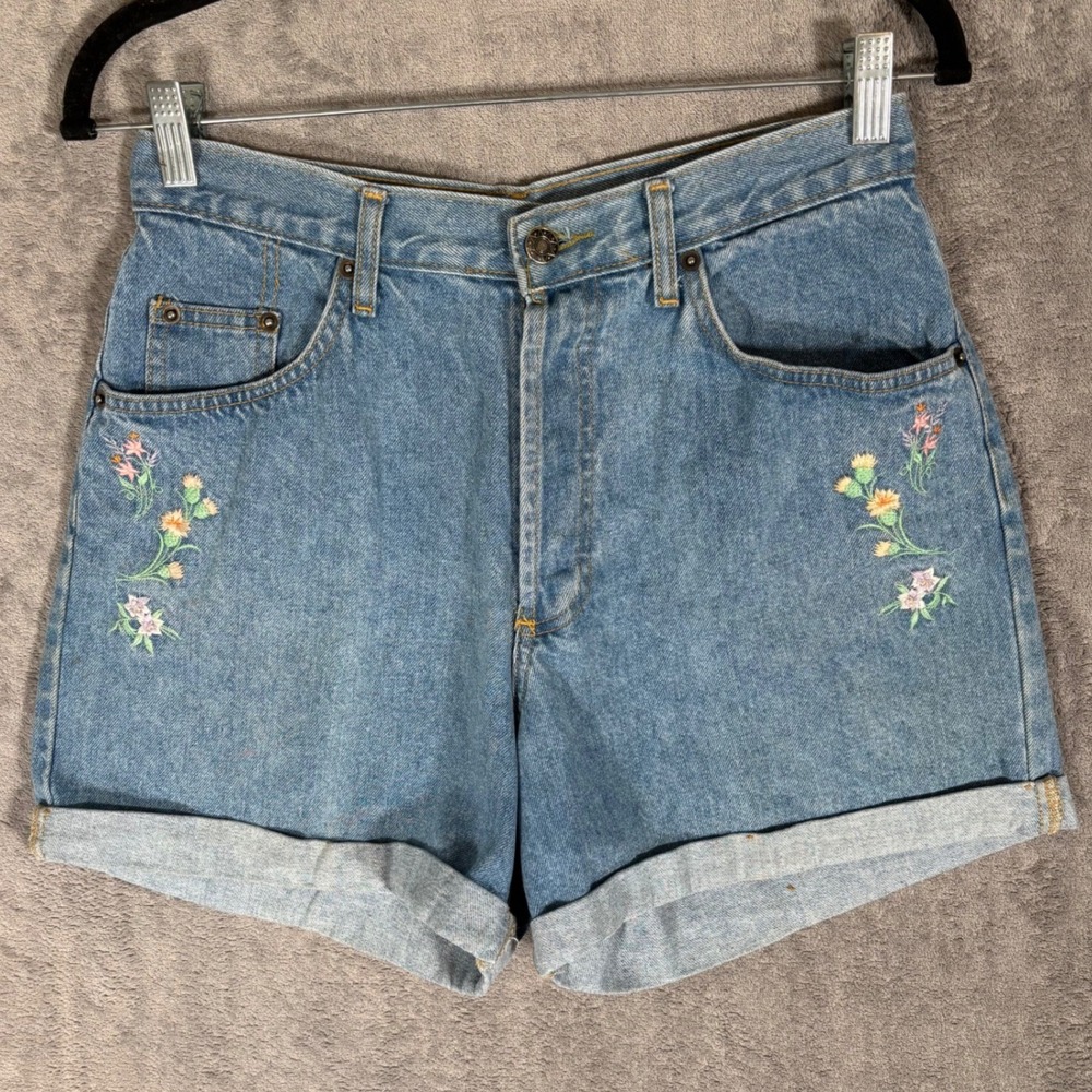 Kenji Vintage Hi-Waist Floral Embroidery Denim Shorts Blue Size 13 28 Waist Y2K